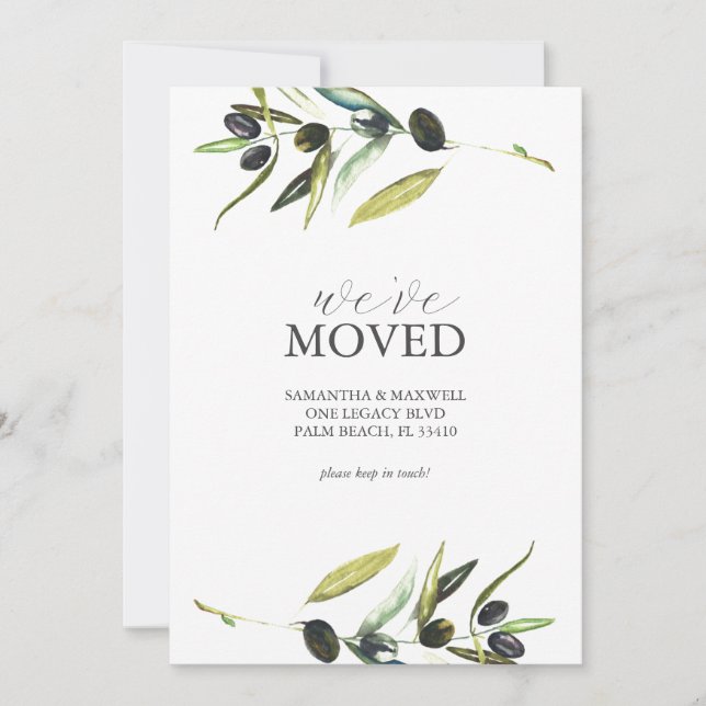 Moving Announcement Cards Watercolor Olive Branch (Front)