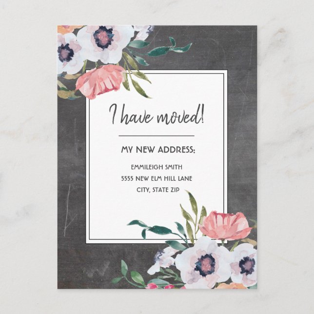 Moving Announcement Chalkboard Pink White Floral Postcard (Front)