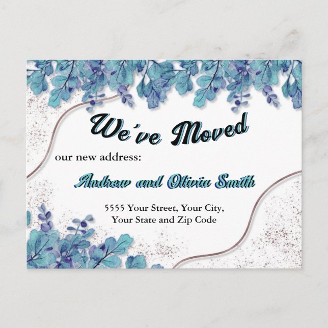 Moving Announcement Chic Rose Gold-Blue Eucalyptus Postcard (Front)
