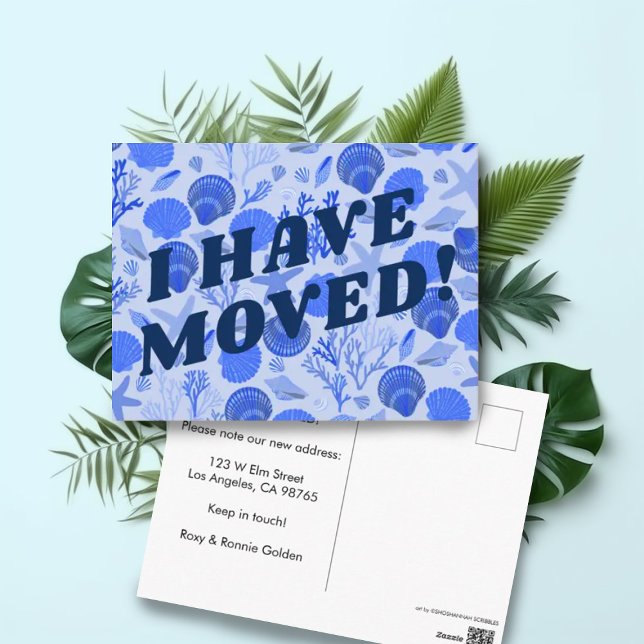 MOVING ANNOUNCEMENT Colourful Blue Seashells Beach Postcard (Blue seashells pattern customizable Moving Relocation Address Change postcard)