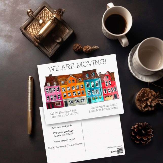 MOVING ANNOUNCEMENT Colourful Houses Watercolor Postcard (Cute watercolor houses with customizable text for moving announcement address change  postcards)