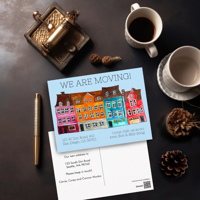 MOVING ANNOUNCEMENT Colourful Houses Watercolor Postcard (Colorful Watercolor painting of houses on custom moving announcement postcard. Add your own text!)