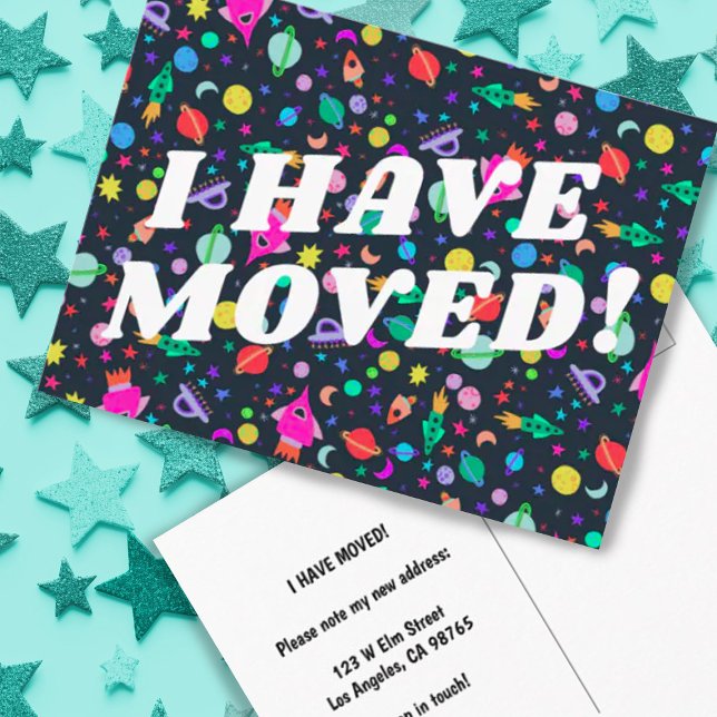 MOVING ANNOUNCEMENT Colourful Space Universe UFO Postcard (Fully customizable moving announcement postcard with cute colorful outer space design)