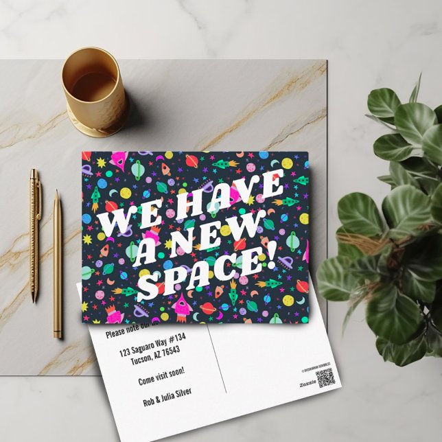 MOVING ANNOUNCEMENT Colourful Space Universe UFO  Postcard (Fun colorful handmade space pattern on custom moving announcement address change  postcard)