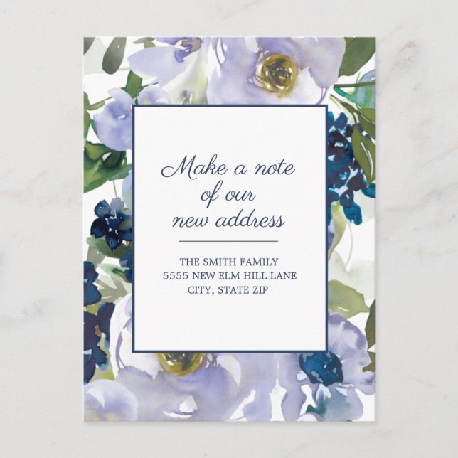 Moving Announcement Dusty Blue Watercolor Floral Postcard (Front)