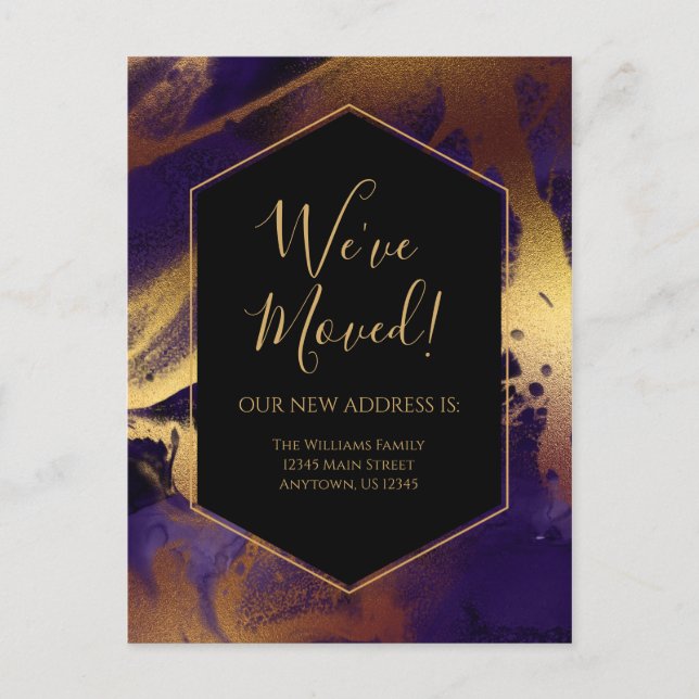 Moving Announcement Gold Purple Marble Ink Modern Postcard (Front)