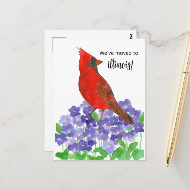 Moving Announcement Illinois Cardinal Bird Violets Postcard (Front/Back In Situ)