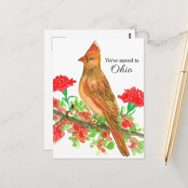 Moving Announcement Ohio Cardinal Red Carnations Postcard (Front/Back In Situ)
