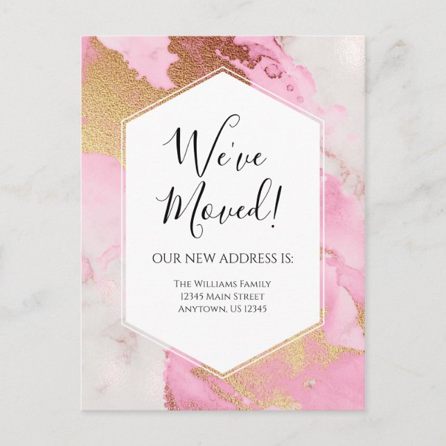 Moving Announcement Pink Gold Marble Modern Postcard (Front)