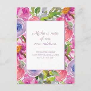 Moving Announcement Pink Purple Watercolor Floral Postcard