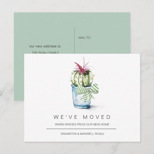 Moving Announcement Postcards Watercolor Cactus (Front/Back)