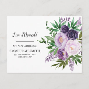 Moving Announcement Purple Flowers White Postcard