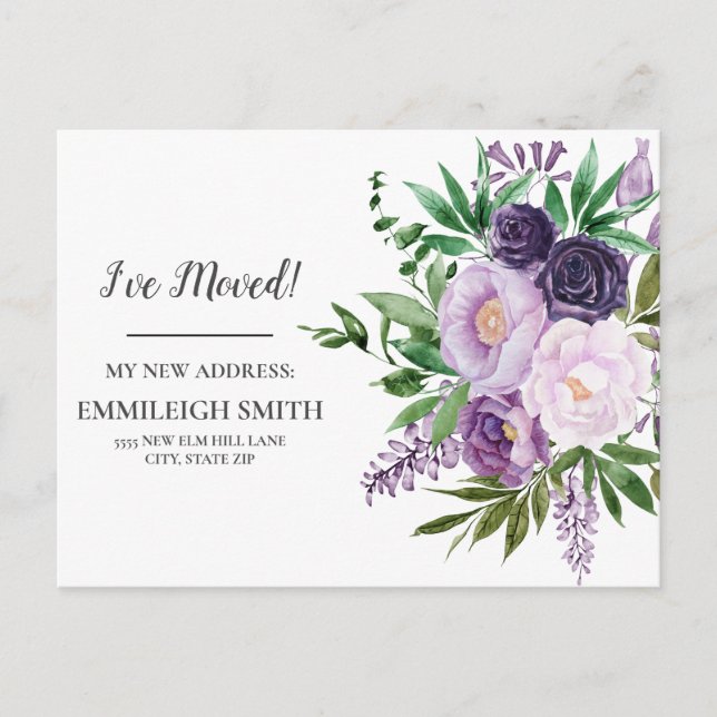 Moving Announcement Purple Flowers White  Postcard (Front)