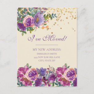 Moving Announcement Purple Pink Flowers Glitter Postcard