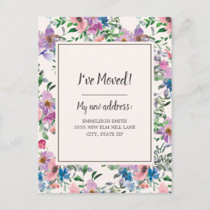 Moving Announcement Purple Pink Watercolor Floral Postcard