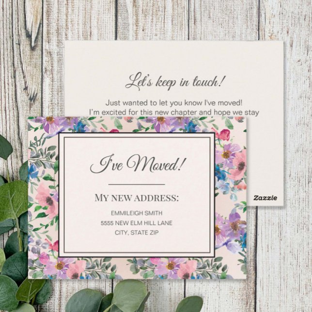 Moving Announcement Purple Pink Watercolor Flowers Postcard (Purple and pink watercolor floral change of address card)