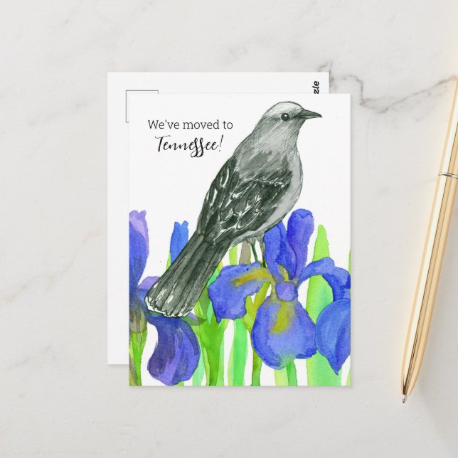 Moving Announcement Tennessee Mockingbird Iris Postcard (Front/Back In Situ)