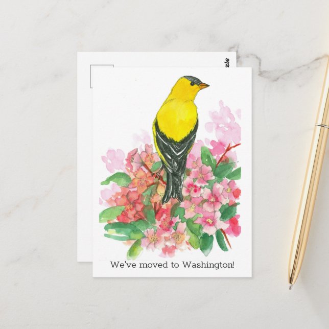 Moving Announcement Washington Goldfinch Flowers Postcard (Front/Back In Situ)