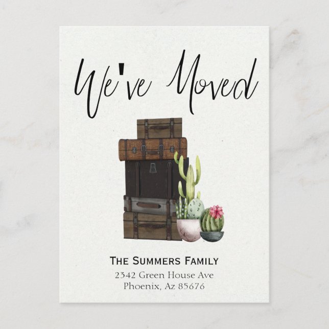 Moving Announcement We've Moved Suitcases Cactus Postcard (Front)