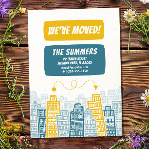 Moving Announcement Yellow & Blue Retro Buildings 