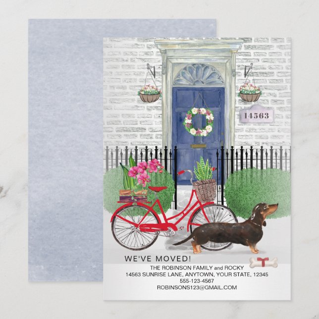 Moving Black Dachshund Dog Bicycle Door New Home  Announcement (Front/Back)