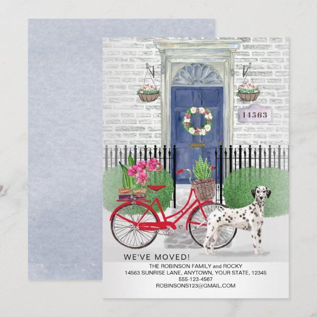 Moving Dalmatian Dog Bicycle Blue Door New Home   Announcement (Front/Back)