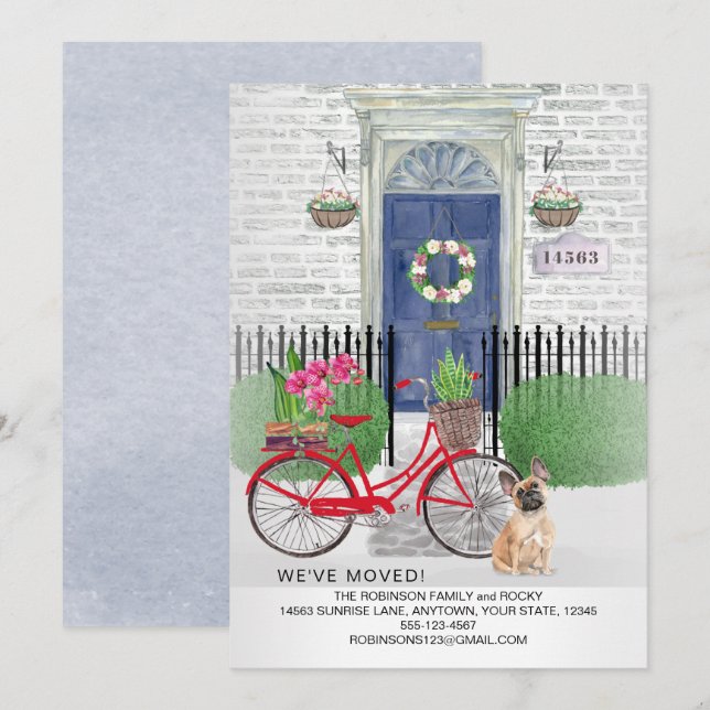 Moving French Bulldog Dog Bicycle Blue Door   Announcement (Front/Back)