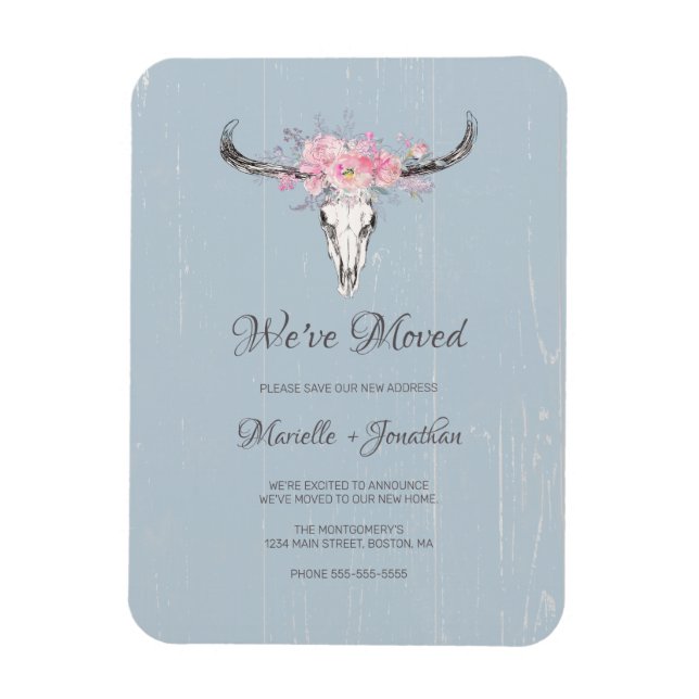 Moving New Address Rustic Cow Skull Boho Floral Magnet (Vertical)