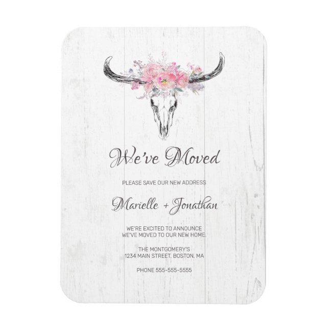 Moving New Address Rustic Cow Skull Boho Floral Magnet (Vertical)