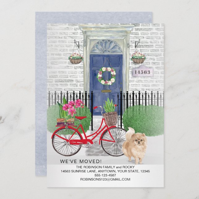 Moving Pomeranian Dog Bicycle Blue Door New Home   Announcement (Front/Back)