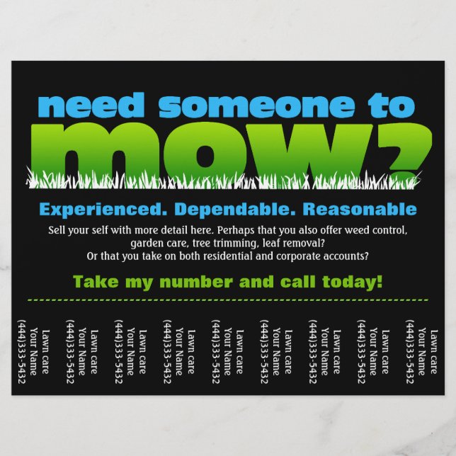 Mow Grass Lawn Care Earn Money Flyer (Front)