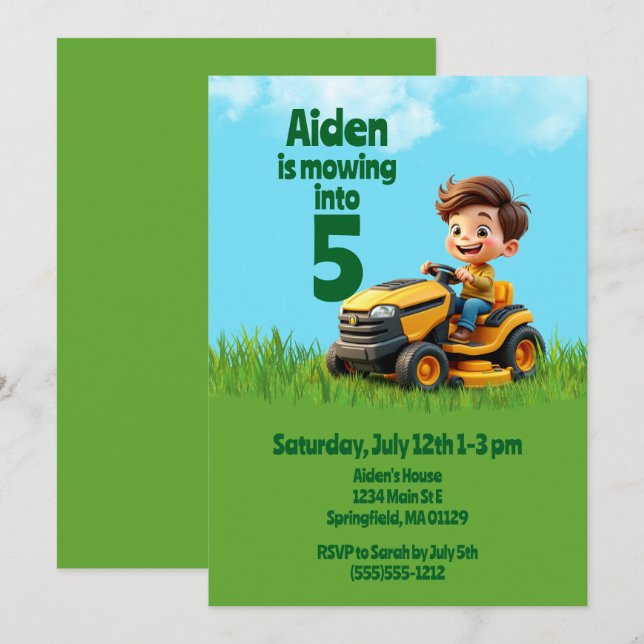 Mowing Into Lawn Mower Birthday Party Invitation (Front/Back)