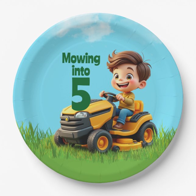 Mowing into Lawn Mower Birthday Party Paper Plate (Front)