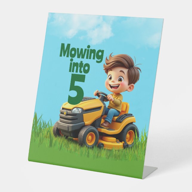 Mowing into Lawn Mower Birthday Party Pedestal Sign (Front)