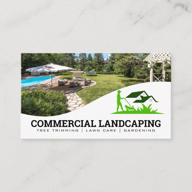 Mowing Lawn Landscaping Logo | Backyard Business Card (Front)