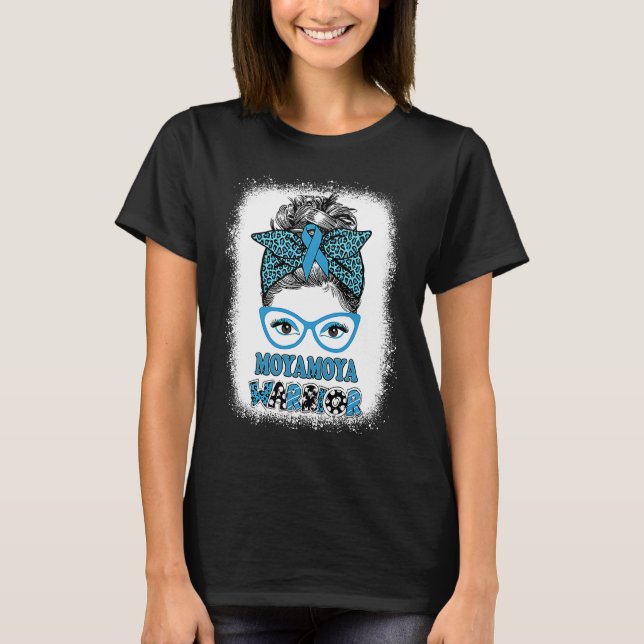 Moyamoya Disease Awareness Messy Bun Blue Ribbon W T-Shirt (Front)