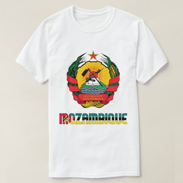 Mozambique Flag and Coat Of Arms Patriotic T-Shirt (Design Front)