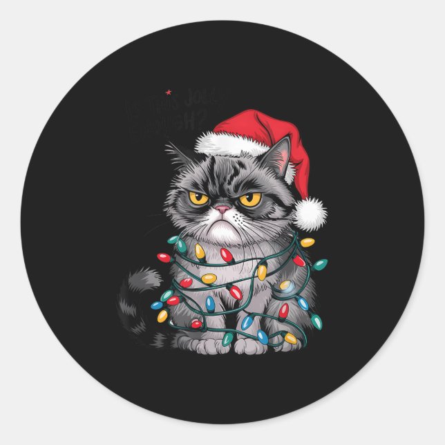 Mpy Christmas Cat Jolly Enough Funny Holiday  Classic Round Sticker (Front)
