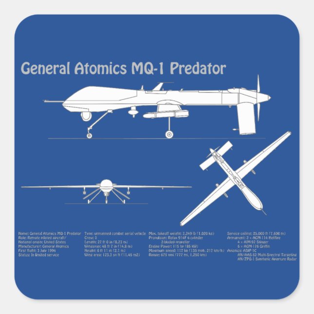 MQ-1 Predator  UAV- Aeroplane Blueprint ABD Square Sticker (Front)