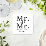 Mr and Mr Black and White Wedding Square Paper Coaster<br><div class="desc">Handsome wedding coasters featuring a bold "Mr. and Mr." typographic design in sophisticated black and grey tones. The couple's names and wedding date complete the design in refined typography. A modern reception table accent or keepsake favour for same-sex weddings. Personalise with your details.</div>