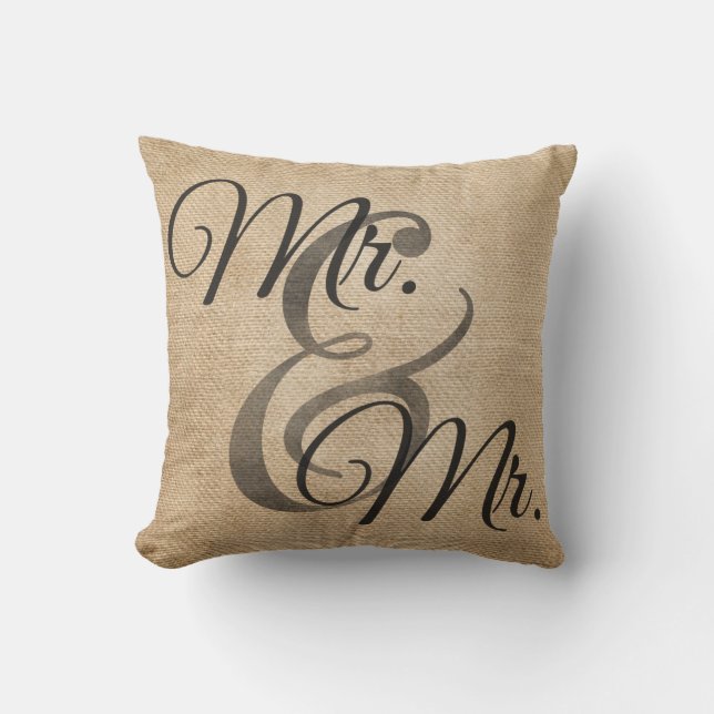 Mr and Mr Burlap Wedding Personalised Cushion (Front)