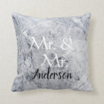 Mr. and Mr. Custom name grey marble gay wedding Cushion<br><div class="desc">Modern elegant,  Mr. and Mr. ,  Grey white marble pattern,  script,  Gay Wedding pillow.
You can personalise it and add your own text and name.</div>