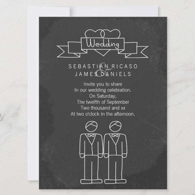Mr and Mr Doodle Chalkboard Gay Wedding Invitation (Front)