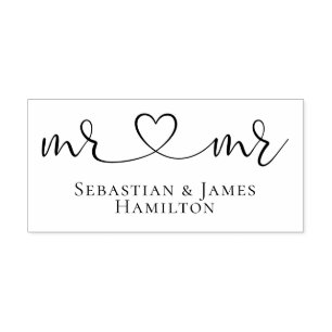 Mr And Mr Elegant Scroll Heart Text Gay Wedding Rubber Stamp