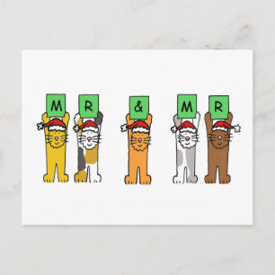 Mr and Mr Gay Christmas Cats in Santa Hats Holiday Postcard