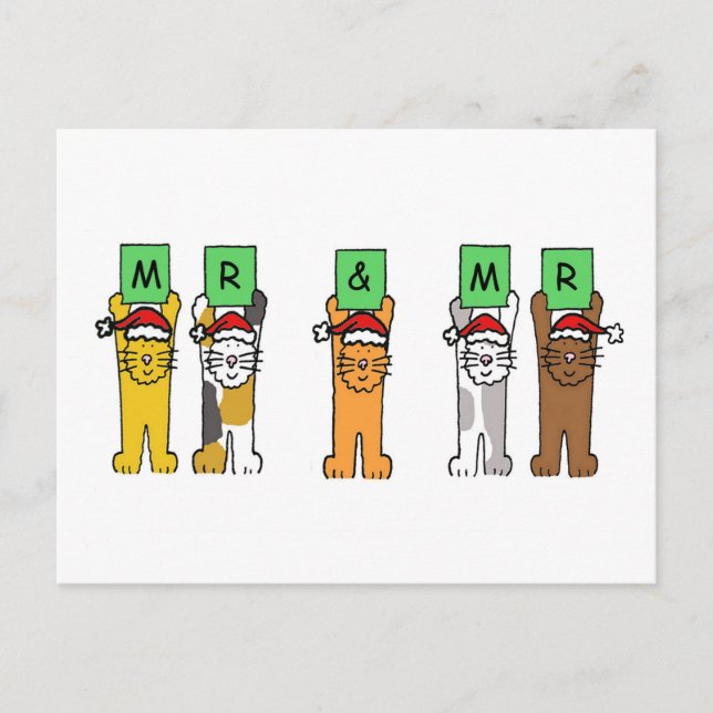 Mr and Mr Gay Christmas Cats in Santa Hats Holiday Postcard (Front)