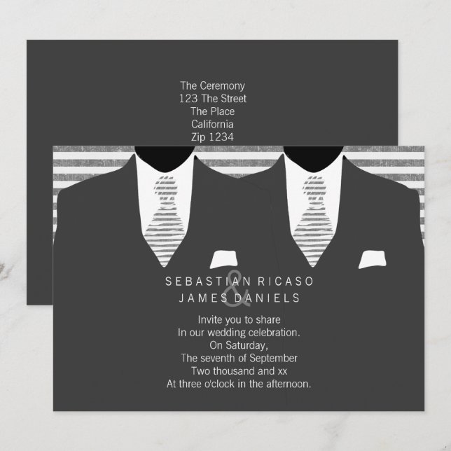 Mr and Mr Grey Suit and Tie Gay Wedding Invitation (Front/Back)