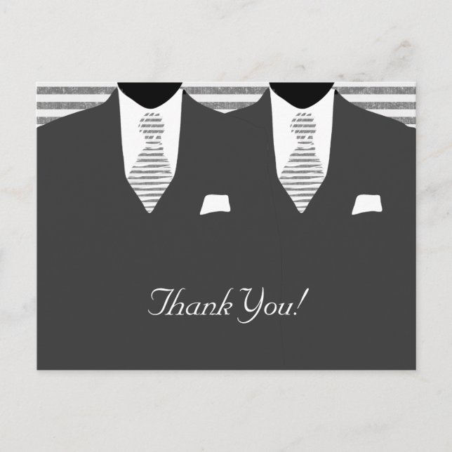 Mr and Mr Grey Suit and Tie Gay Wedding Thank You Postcard (Front)