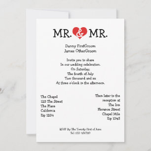 Mr and Mr Love Heart Gay Wedding Invitation