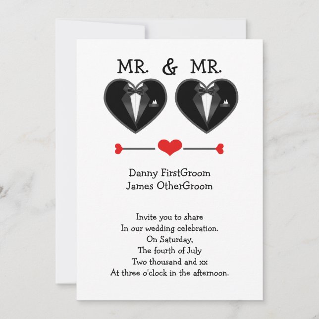 Mr and Mr Love Heart  Tuxedo Gay Wedding Invitation (Front)